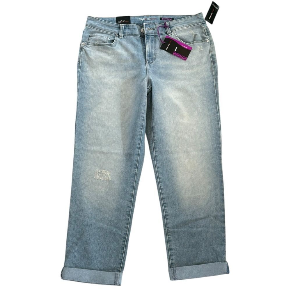 Style & Co. Blue Distressed Cuffed Boyfriend Jeans. 10. NEW. NWT.